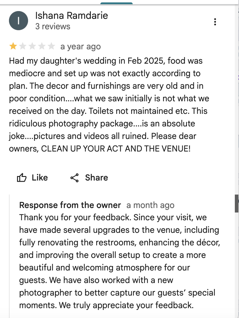 Taj Conference Centre owner response example 1