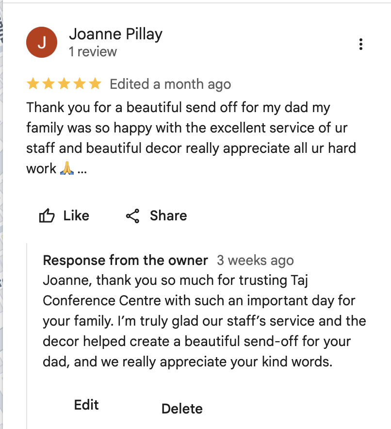 Taj Conference Centre owner response example 2