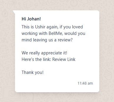 Example of a personalized WhatsApp follow-up message asking a past customer for a Google review